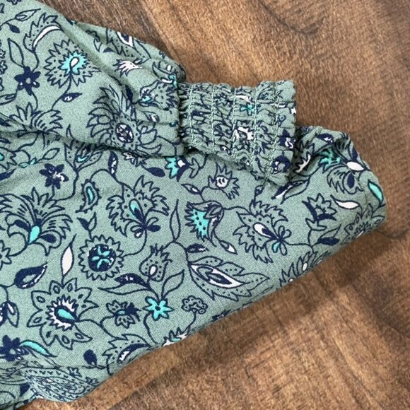 LOFT Green Floral Puff Sleeve Fit & Flare Midi Dress Size 0 Petite V-Neck - Picture 4 of 8